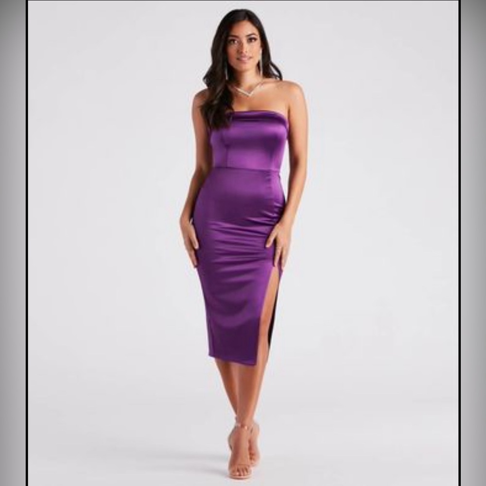Strapless High Slit Satin Midi Windsor Dress- Purple Medium